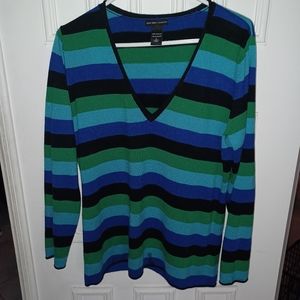 New YORK & Company Sweater Size Large Blue Green Stripe Long Sleeve